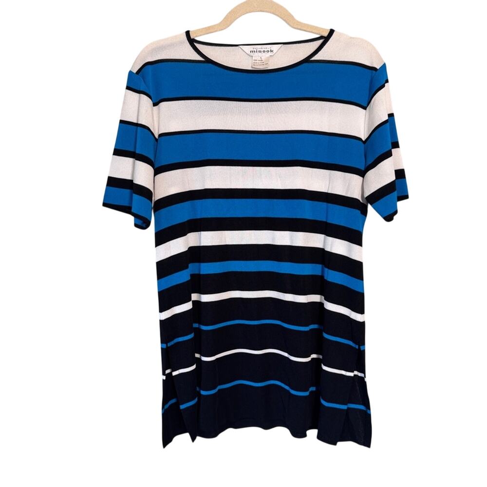 Misook Blue White Black Striped Short Sleeve Blouse Womens L Classic Knit Casual